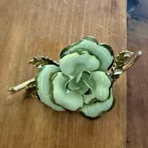 Vintage Green Enamel Rose Brooch • 3” • Unmarked Floral Pin